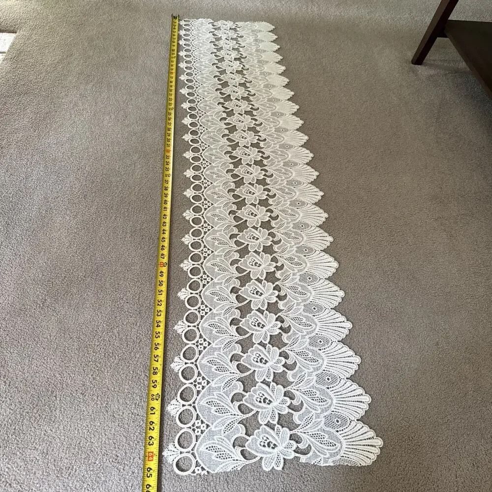 Ivory Guipure Lace Table Runner Floral Scalloped 64” x 15” Dresser Boho Vtg